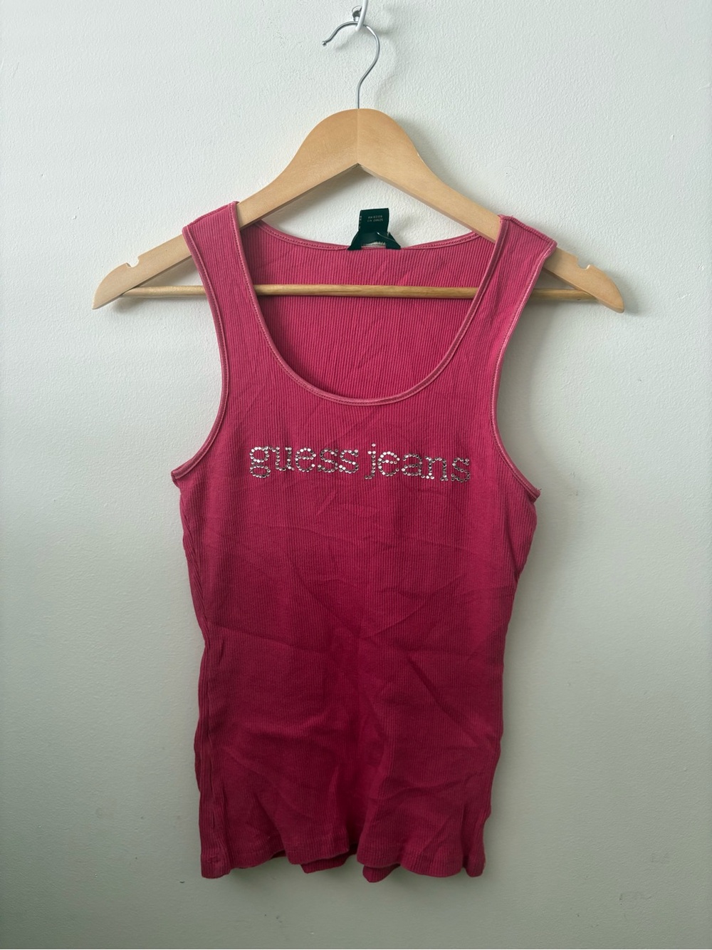 Guess Pink Ribbed Tank with Crystal 'guess jeans' Logo
